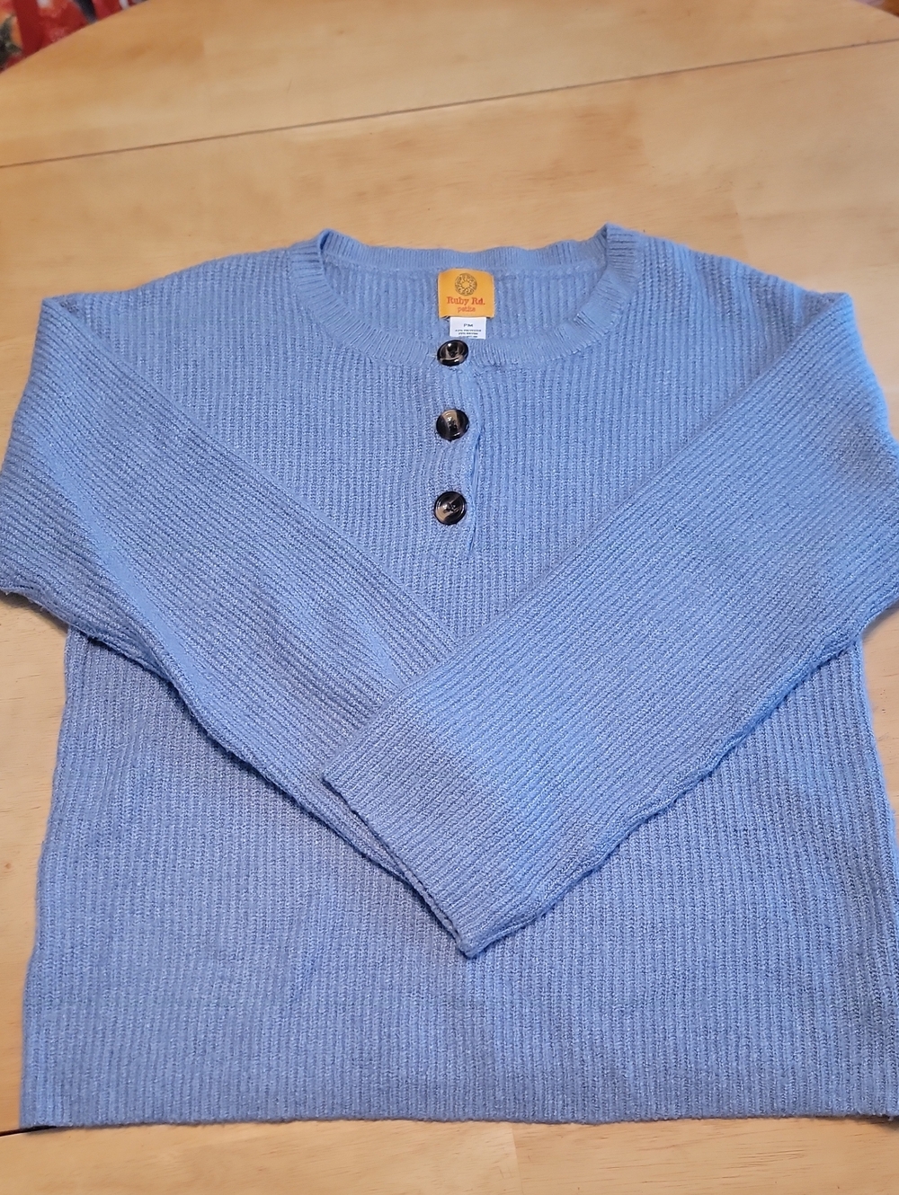 Ruby Rd. Light Blue Ribbed Henley Crewneck Sweater Petite Medium